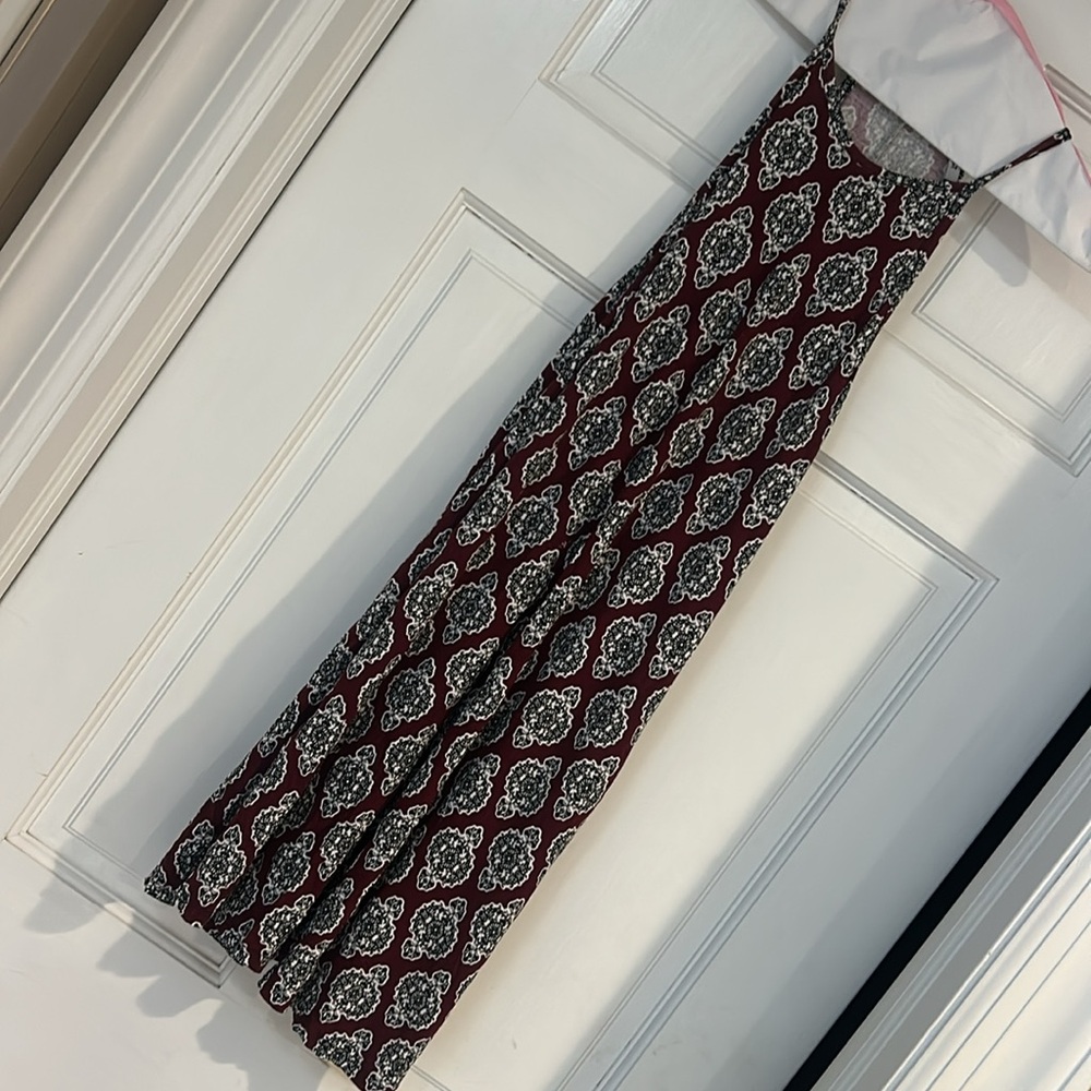 Burgundy, Black and White Patterned Comfy Dress-M/L